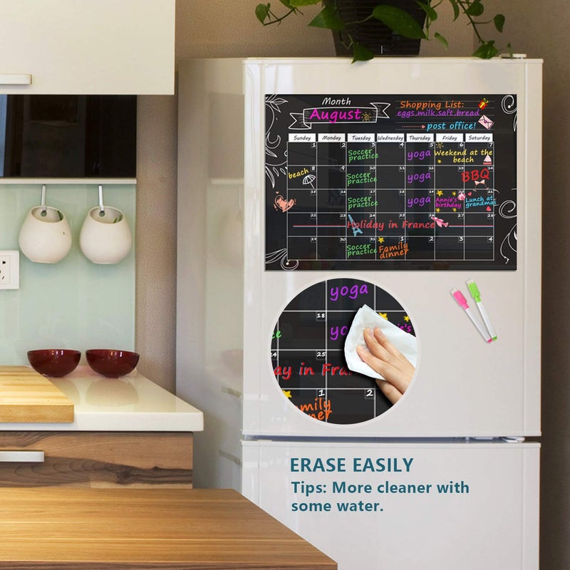 MoKo Magnetic Calendar for Kitchen Refrigerator, 16.73"x12" Dry Erase Monthly Calendar Planner and Grocery Shopping List with 8 Chalk Markers - Black - Image 2